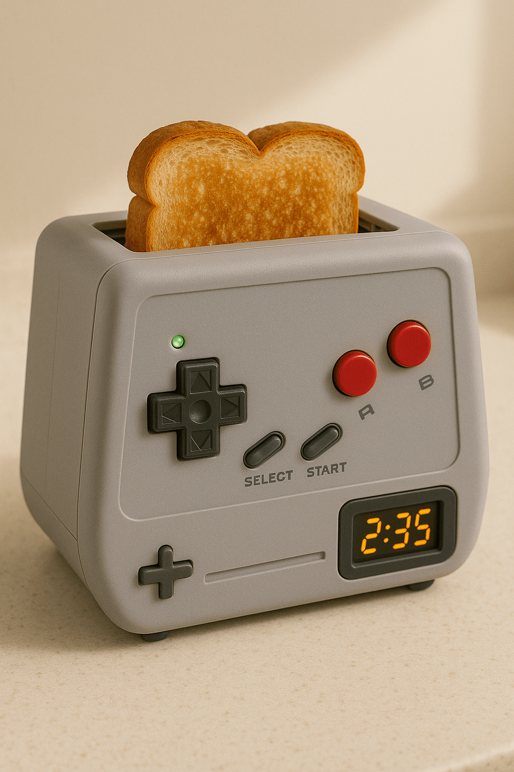 Light grey toaster styled like a vintage handheld gaming console with toast