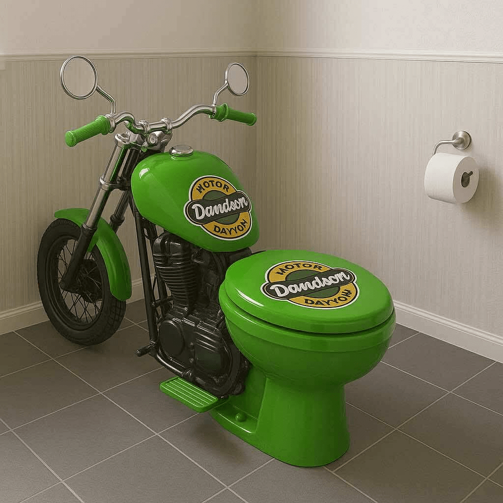 A vivid green motorbike toilet with playful Davidson-inspired branding in a tiled bathroom.
