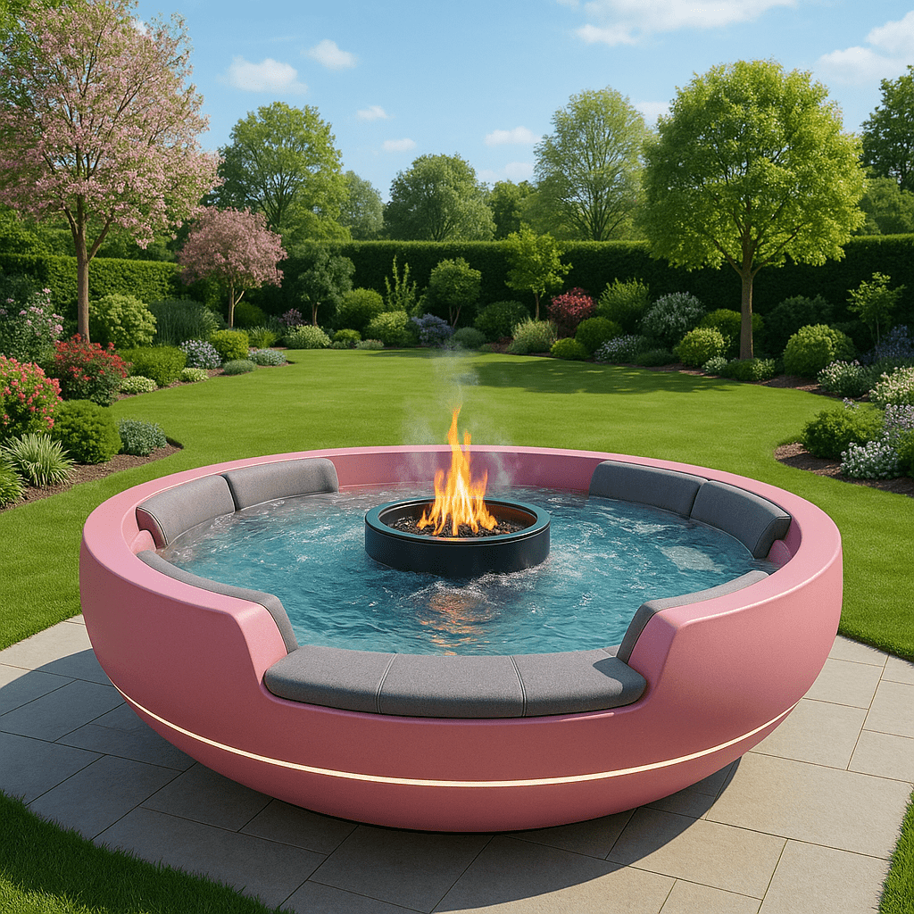 Bright pink fire pit hot tub with grey seating, surrounded by flowering garden plants