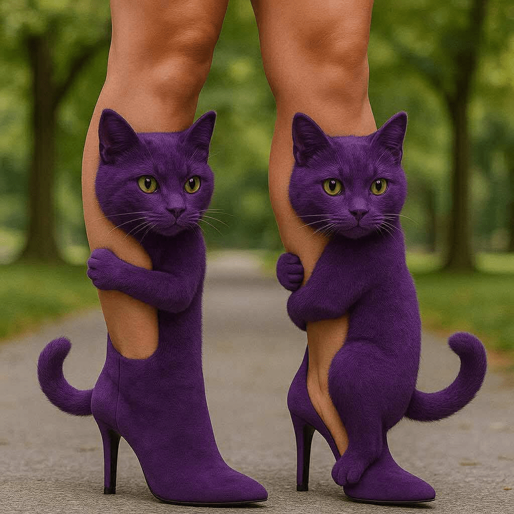 Purple high heels designed as cats hugging legs, styled on a park pathway with trees in the background