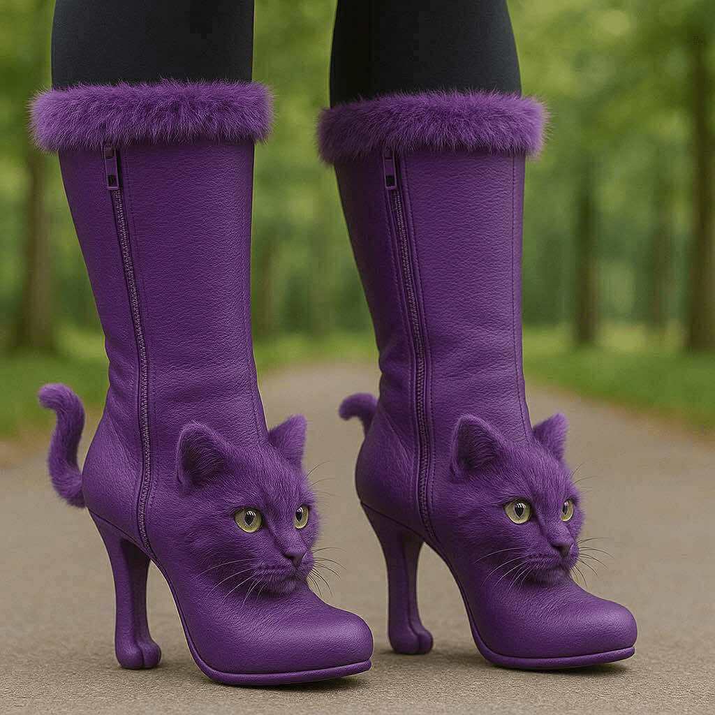 Bold purple boots shaped like cats with fluffy trim and curled tails on a path