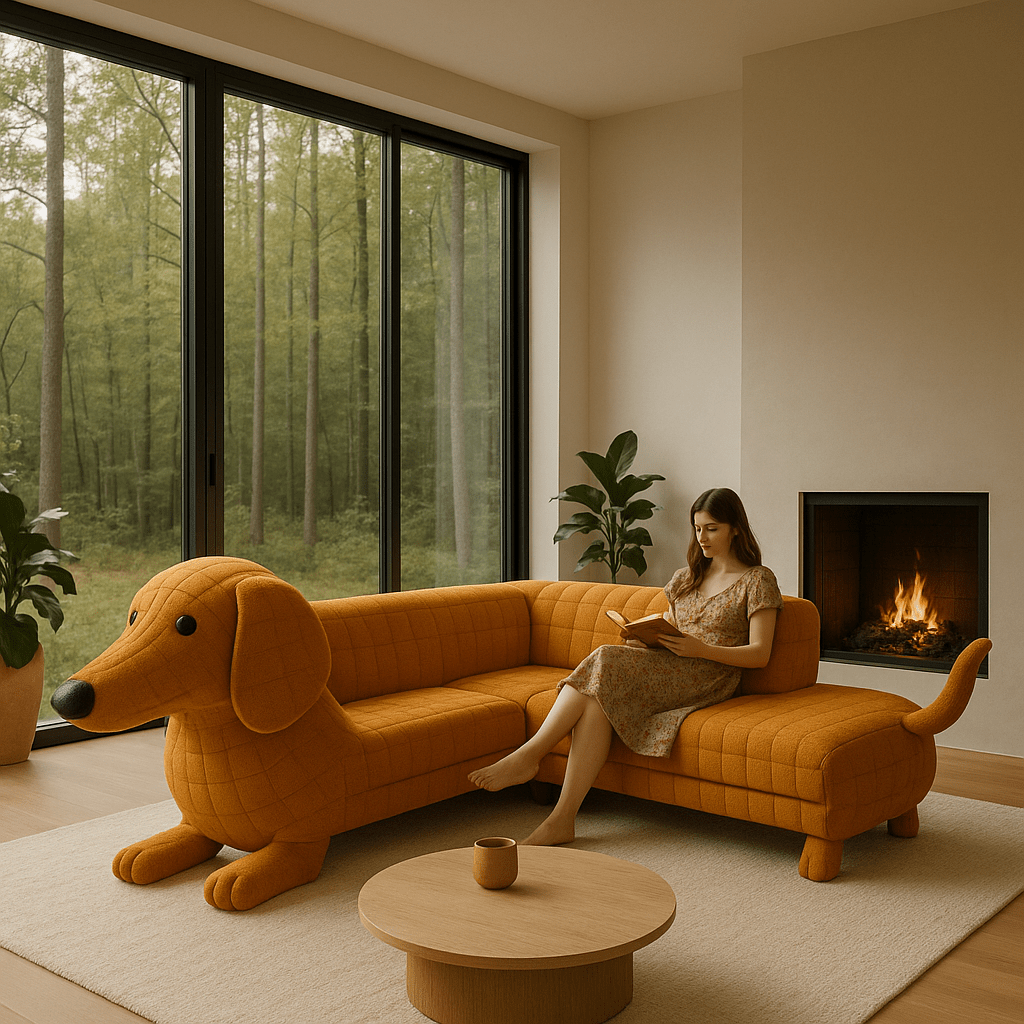 Woman sitting on burnt orange dachshund-shaped sofa in stylish living room with fireplace