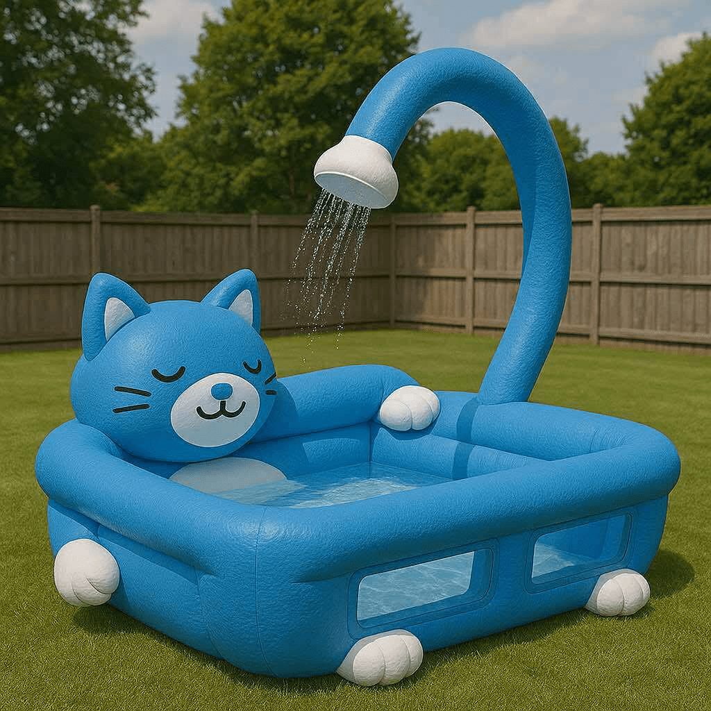  Blue inflatable cat pool with water flowing from a tail-shaped overhead shower, placed on a green lawn.
