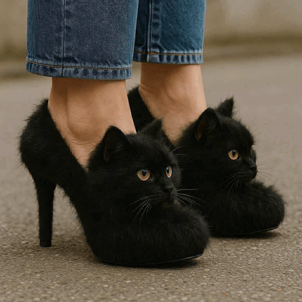  Novelty black high heels styled to resemble lifelike black cats with golden eyes and soft fur textures.