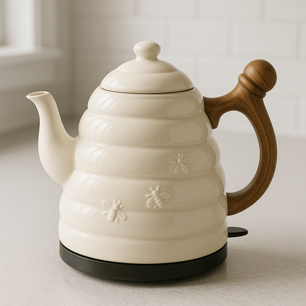 An elegant cream-coloured ceramic novelty beehive electric kettle featuring bee motifs and a wooden-effect handle.