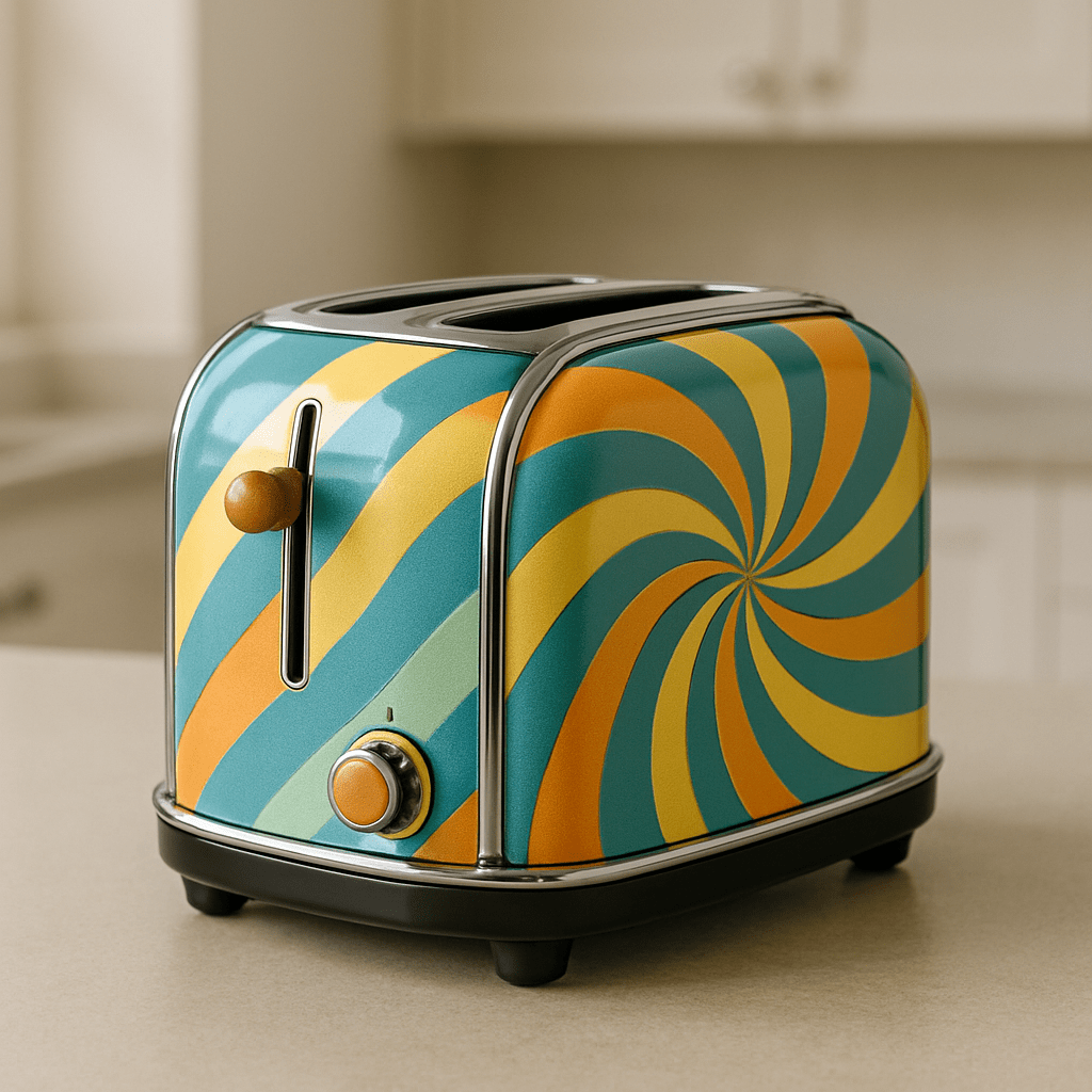 A teal, yellow, and orange swirl toaster with a vintage knob and lever design.