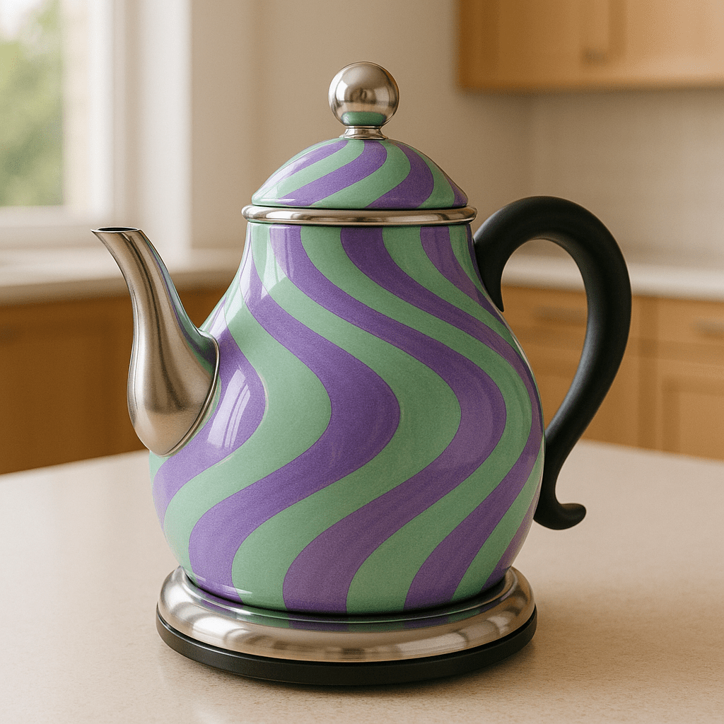 Psychedelic green and purple swirl-pattern kettle placed on a light kitchen worktop.