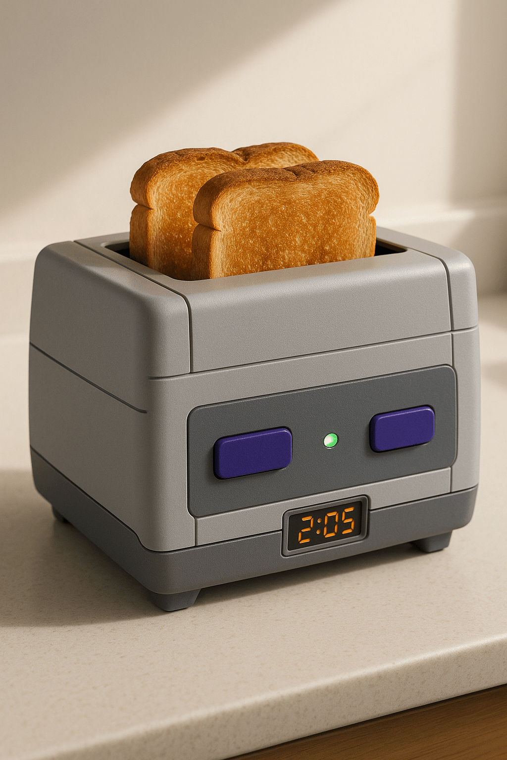 Compact toaster modelled after a grey and purple retro gaming console, featuring toast
