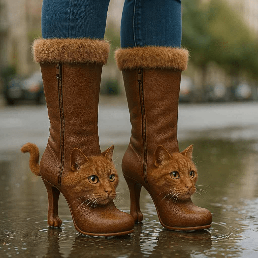 Brown cat-themed boots with ginger cat faces and tails standing in a puddle