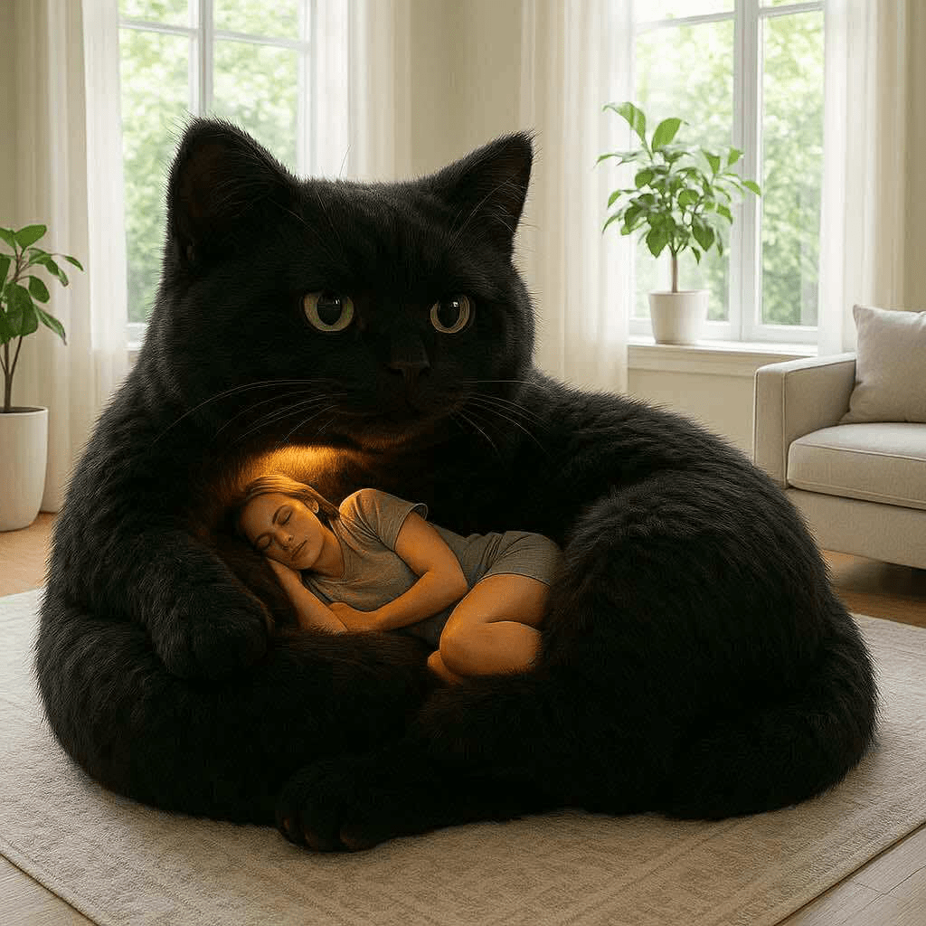 A modern black cat-shaped sofa wraps around a sleeping woman, lit by soft internal lighting.