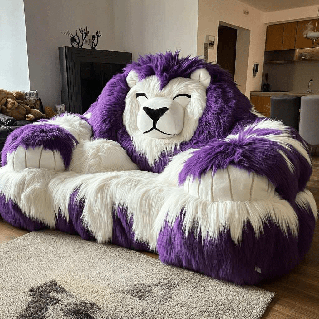 Large lion-shaped armchair in purple and white faux fur with a wide seat and cosy design