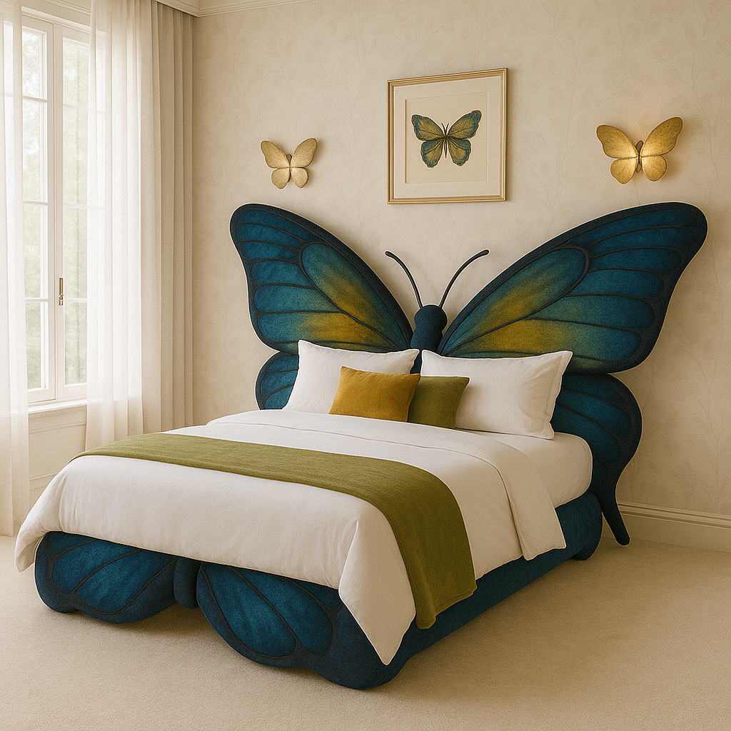 Deep navy butterfly-shaped bed with golden highlights and olive green accents in a sophisticated bedroom