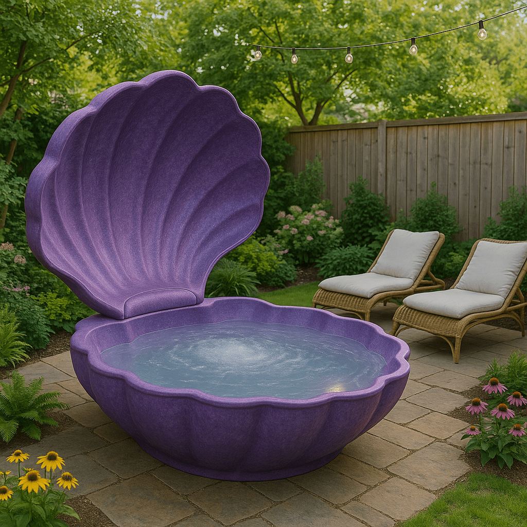 Purple seashell-shaped hot tub with bubbling water, surrounded by lush plants and cosy garden chairs.