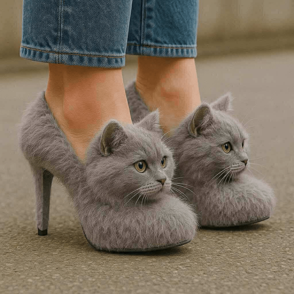 A pair of novelty high heel shoes designed to look like fluffy grey cats with realistic faces and ears.