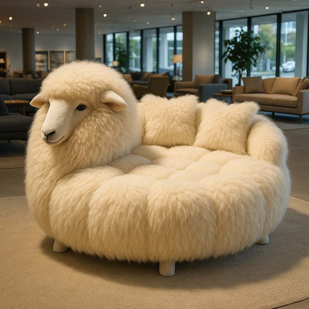 Luxurious round white sheep-shaped sofa with fluffy upholstery and pillows in a contemporary lounge