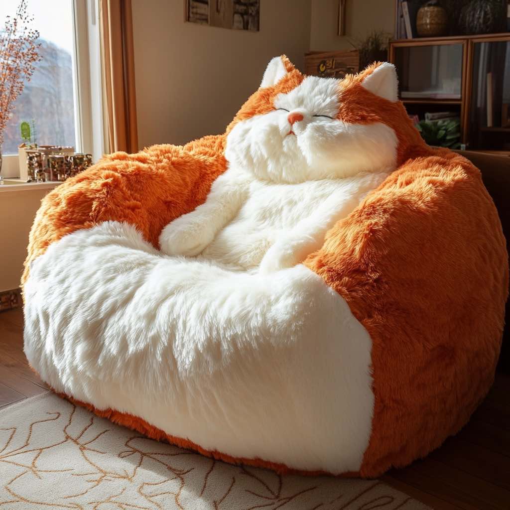 Cosy orange and white plush cat-shaped sofa with a classic ginger cat look.