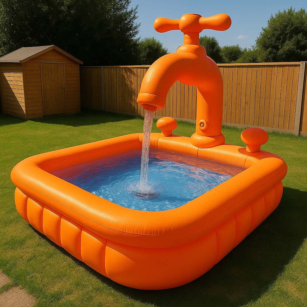 Inflatable orange paddling pool with oversized tap in a garden