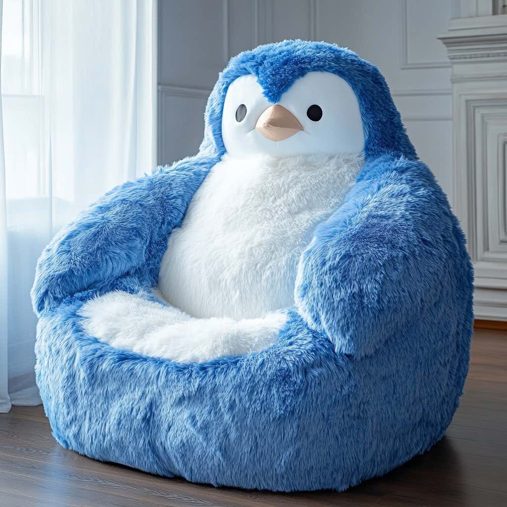 Oversized blue penguin lounge chair with plush fur in a bright, airy living room.