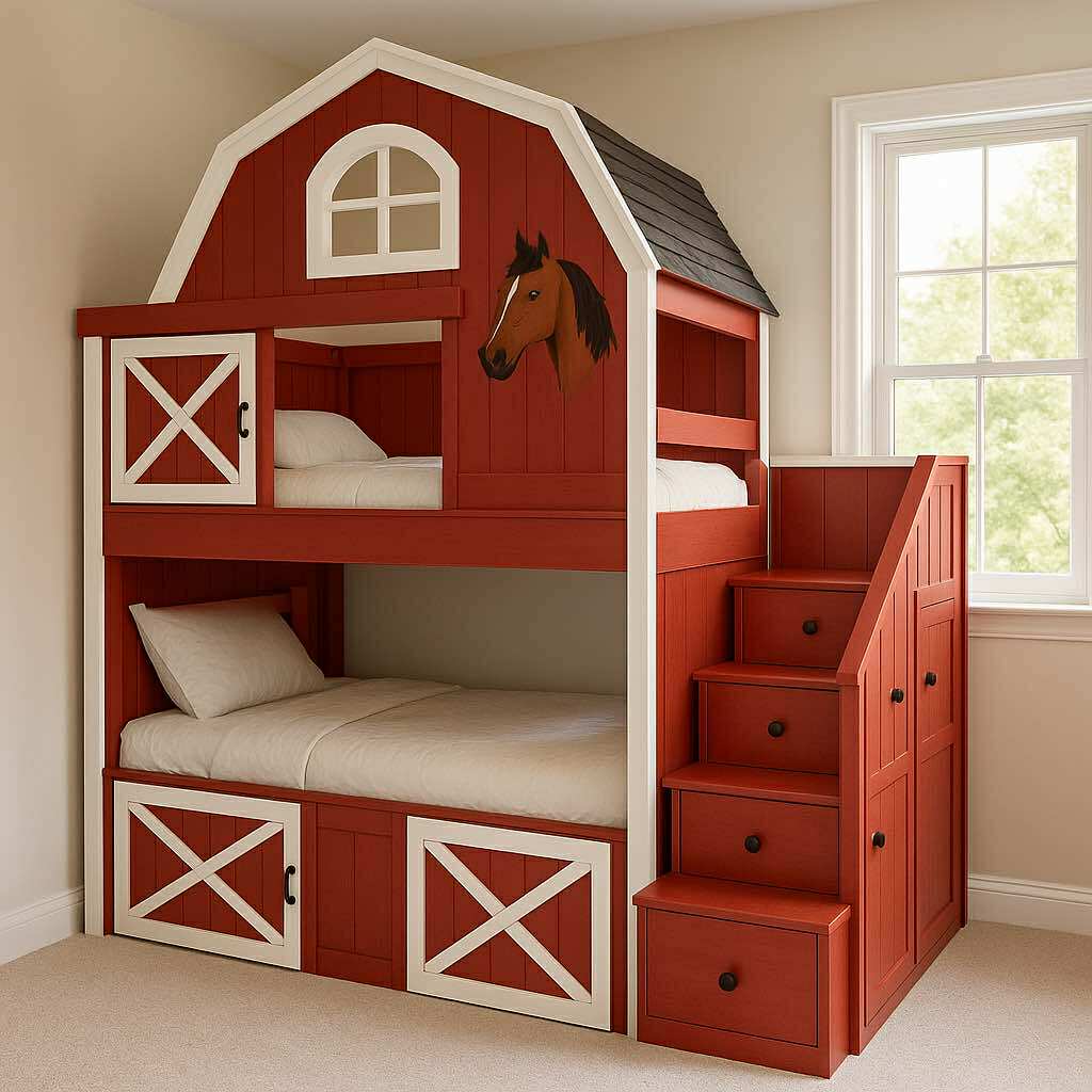 Bright red barn bunk bed for children with horse decoration and built-in staircase
