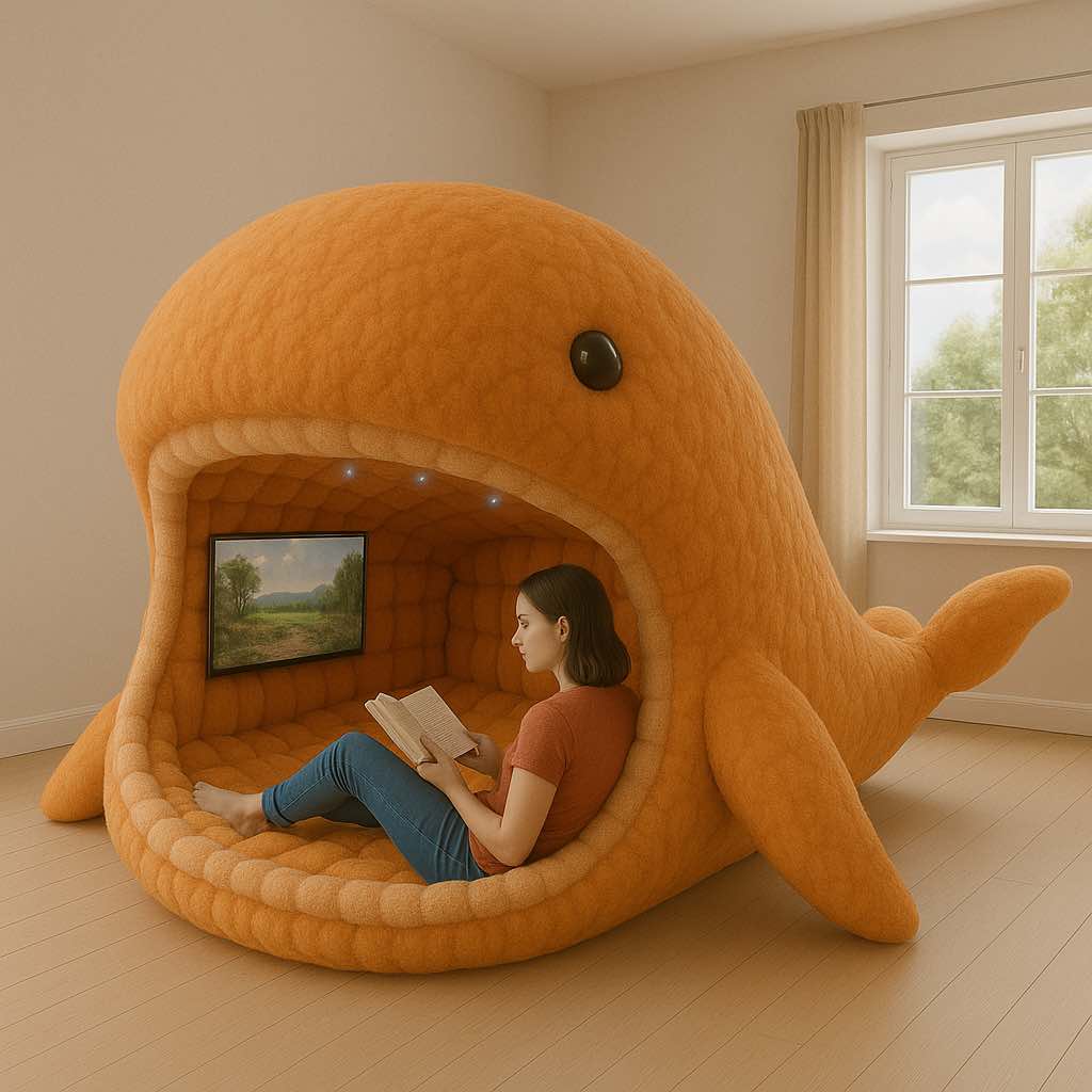 A woman reads a book inside a cosy sunset orange whale-shaped entertainment pod with ambient lighting.