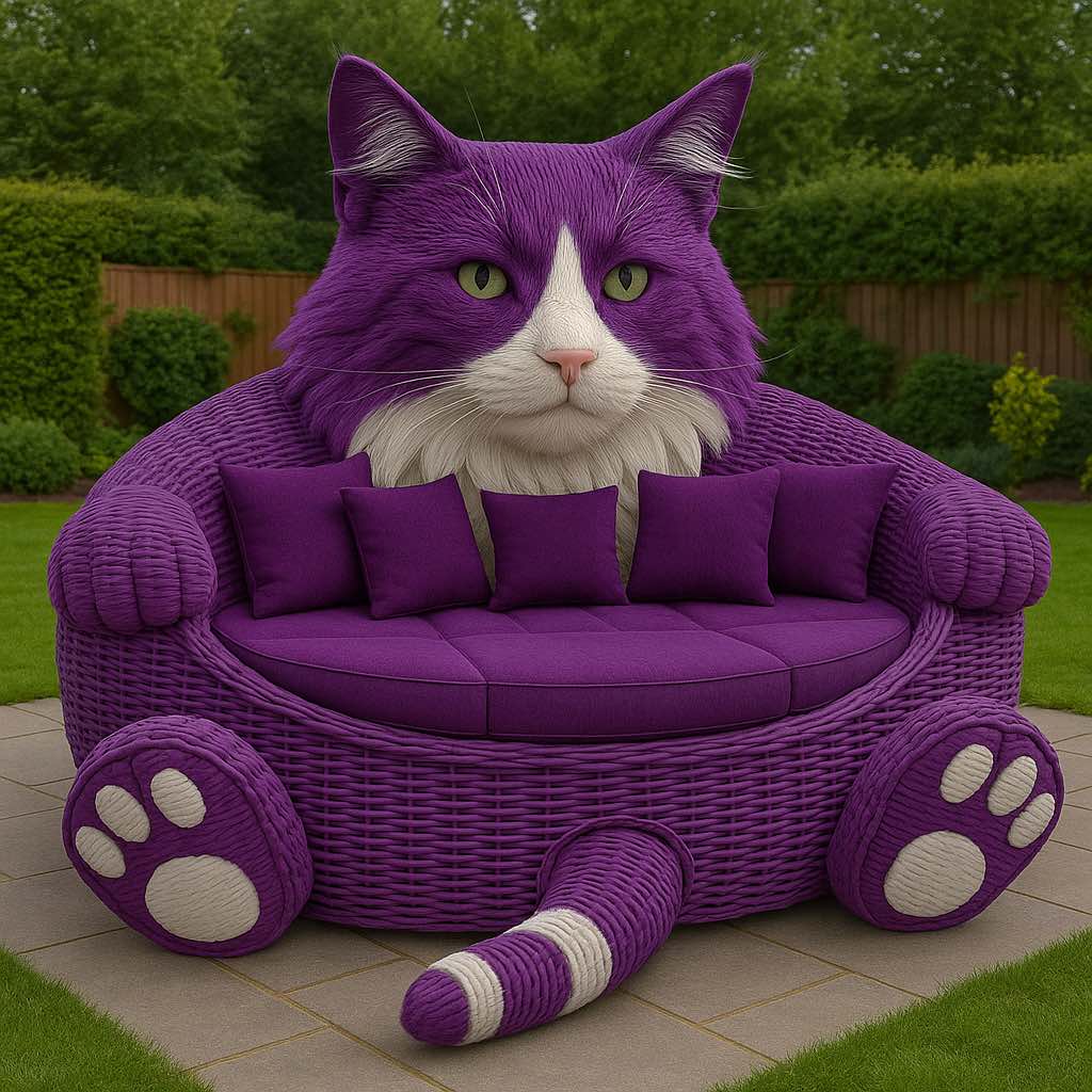 Whimsical oversized outdoor sofa shaped like a purple cat with plush cushions in a garden setting