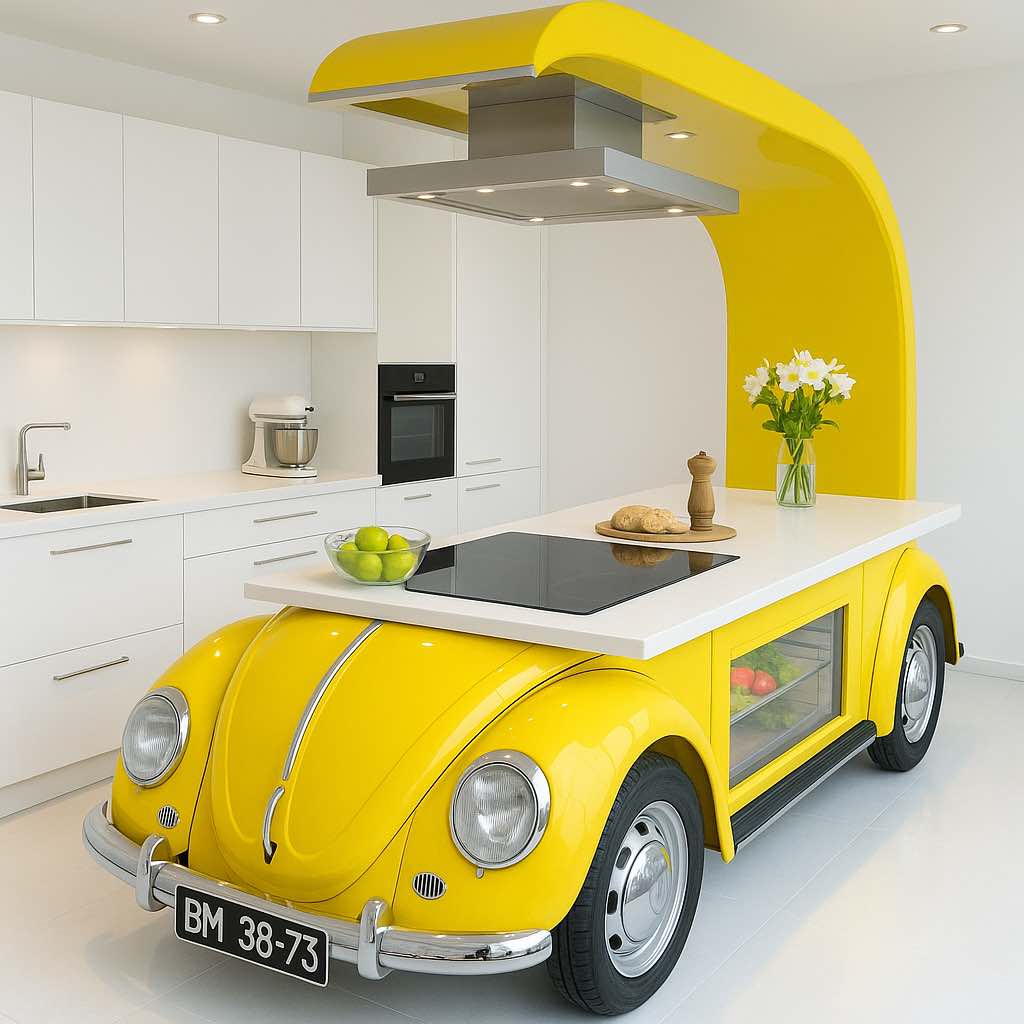 Bright yellow car-inspired kitchen island featuring fridge compartments and modern induction hob