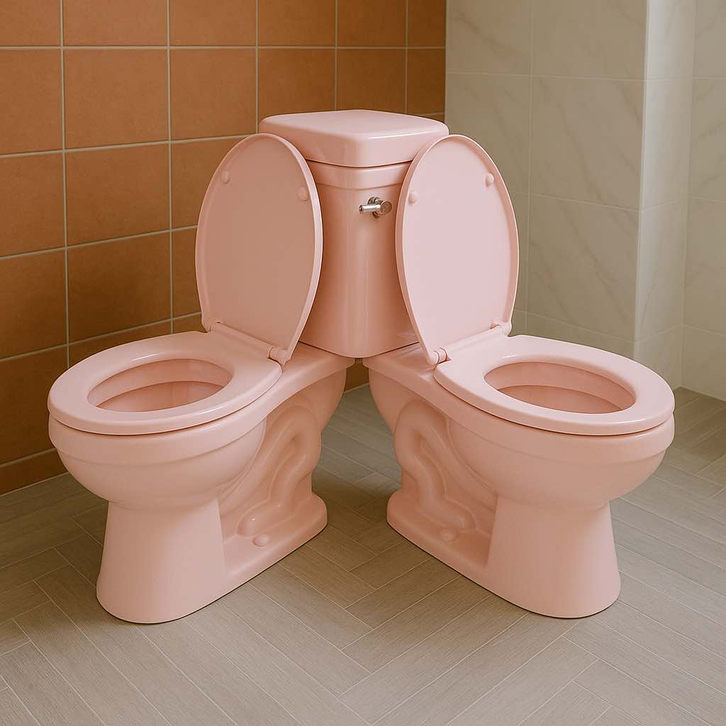 Light pink double toilet with soft curves and playful design in a retro-style bathroom.