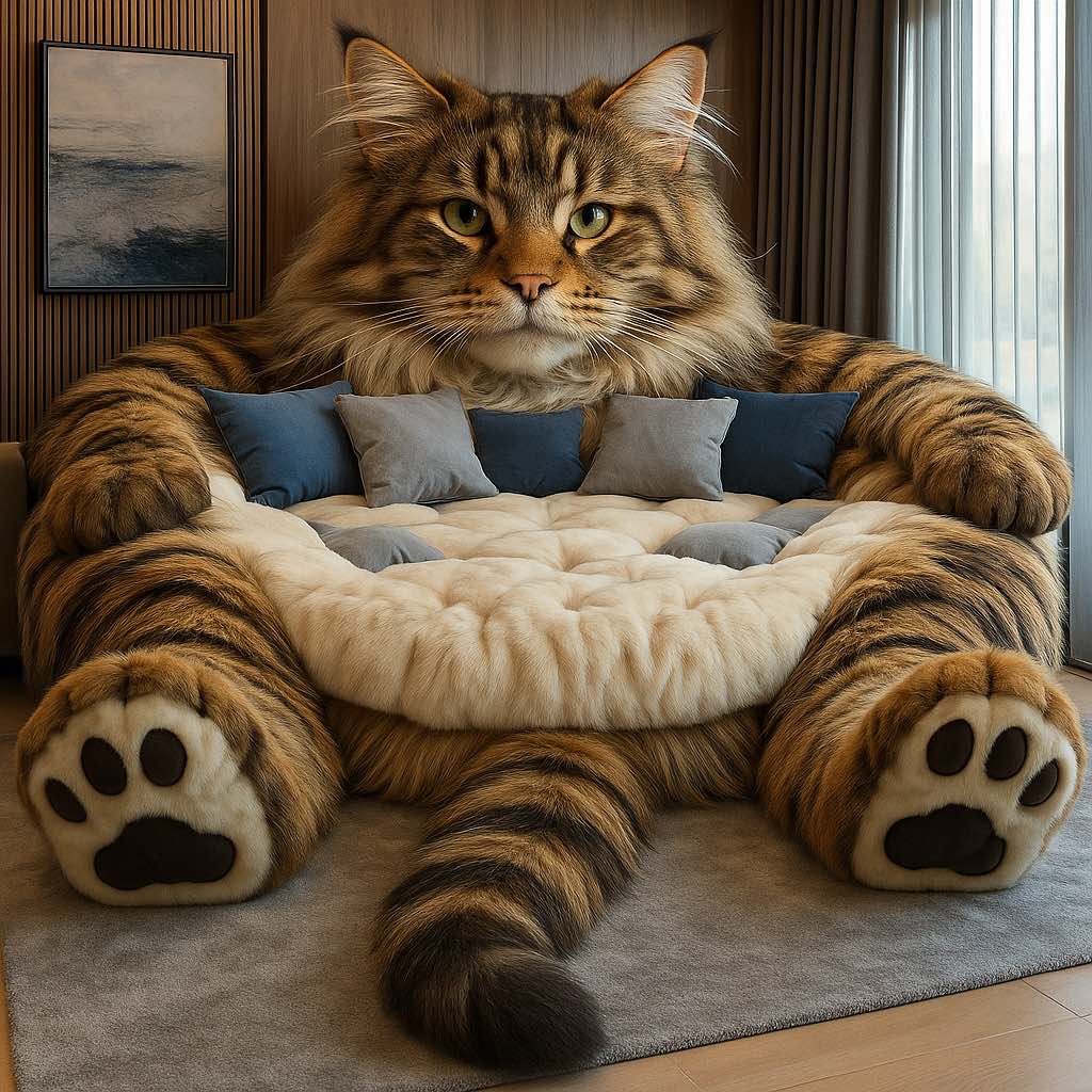  Luxurious brown tabby cat-shaped sofa with blue-grey cushions in a classic living room.
