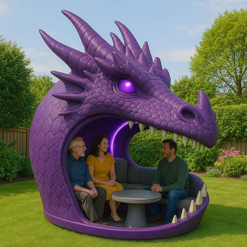 Group of three people sitting in a purple dragon head-shaped garden pod with glowing violet eyes