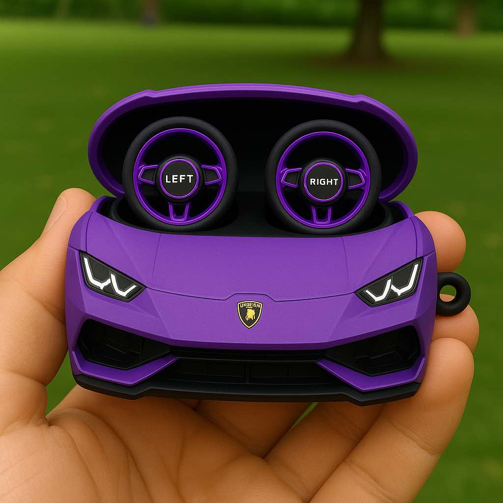 Purple Lamborghini earbud case featuring miniature steering wheel-shaped earbuds.