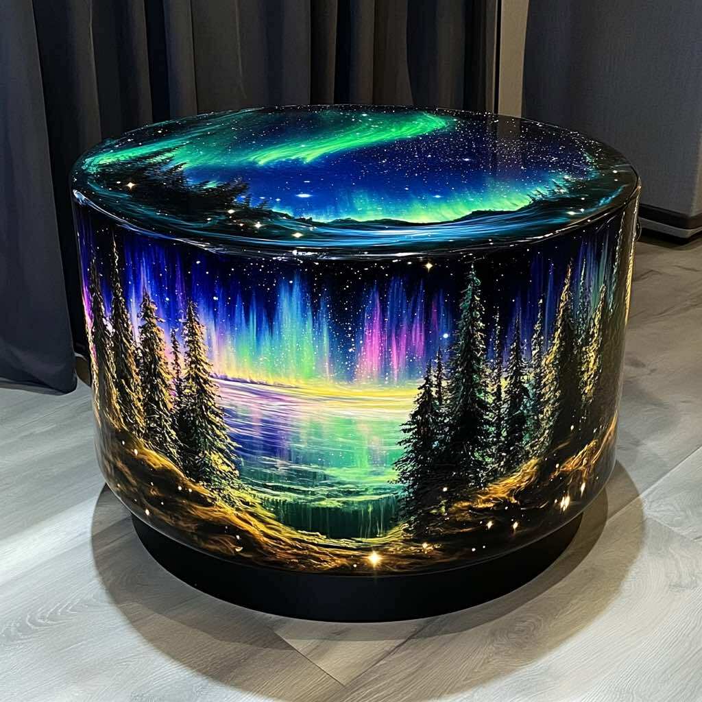 Circular table with a horizon view of aurora borealis above a tranquil forest and lake