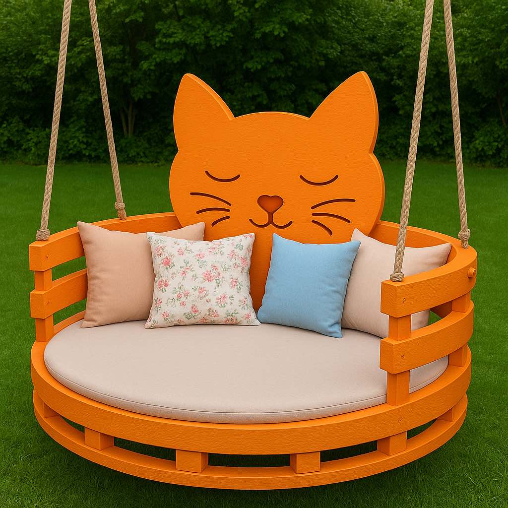Bold orange cat swing chair with beige seat and assorted cushions in a grass setting