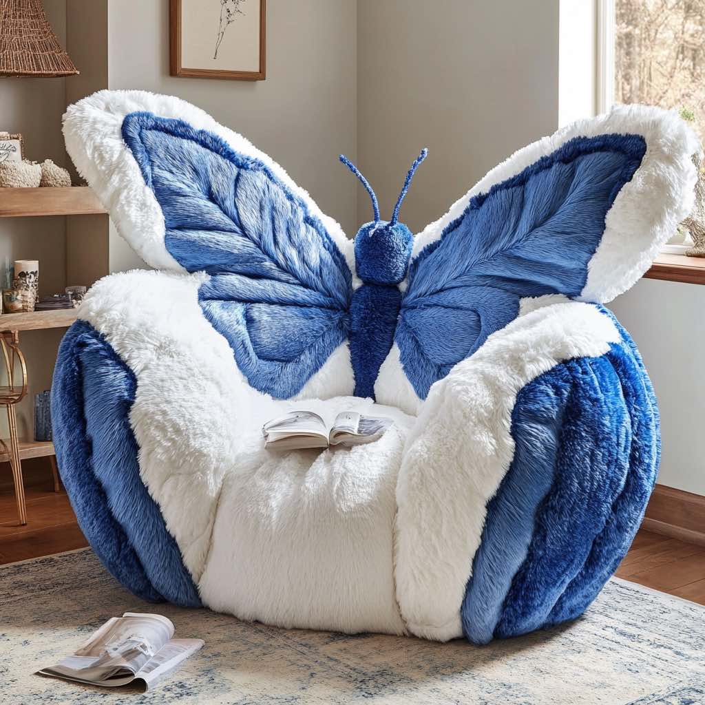 Blue and white butterfly armchair styled in a modern reading nook with open books and soft lighting.