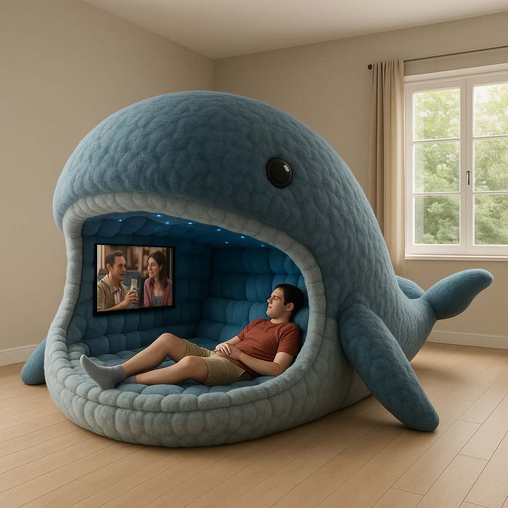 A man reclines inside a blue plush whale-shaped entertainment pod while watching a film.