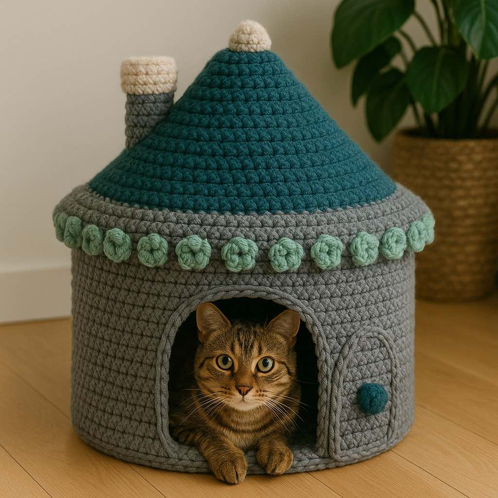 Tabby cat inside a grey and teal crochet cottage-shaped bed with mint green crochet flower details.