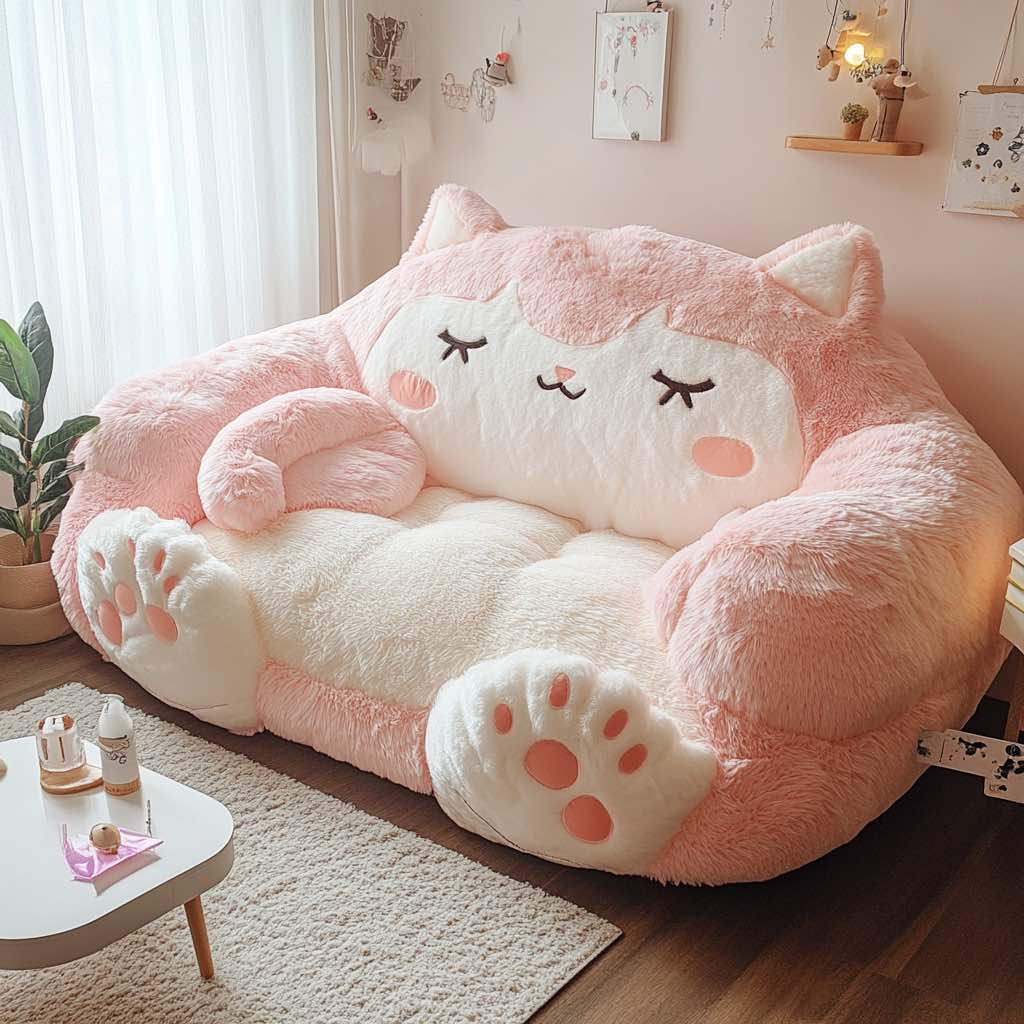 Fluffy pink and white cat-shaped sofa with sleeping eyes, blush cheeks, and large paw footrests in a pastel-themed room.