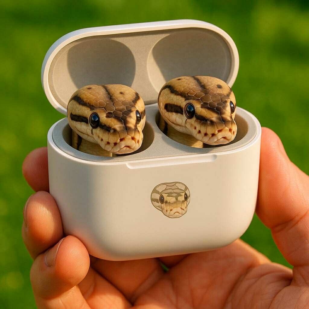 Two beige and brown striped python heads peeking out of a white pod case with a matching