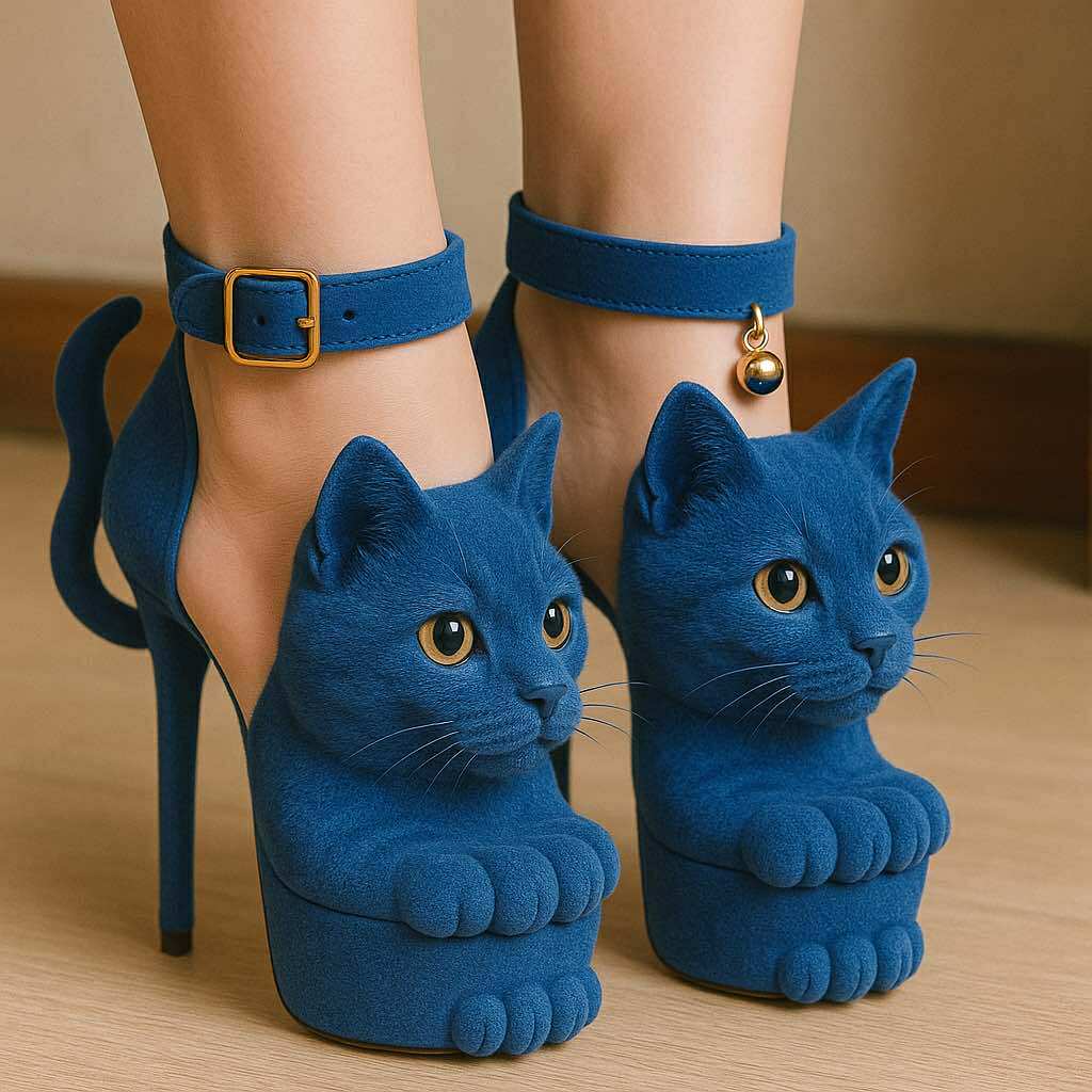 Deep blue high heels featuring lifelike cat faces and paw-shaped platforms