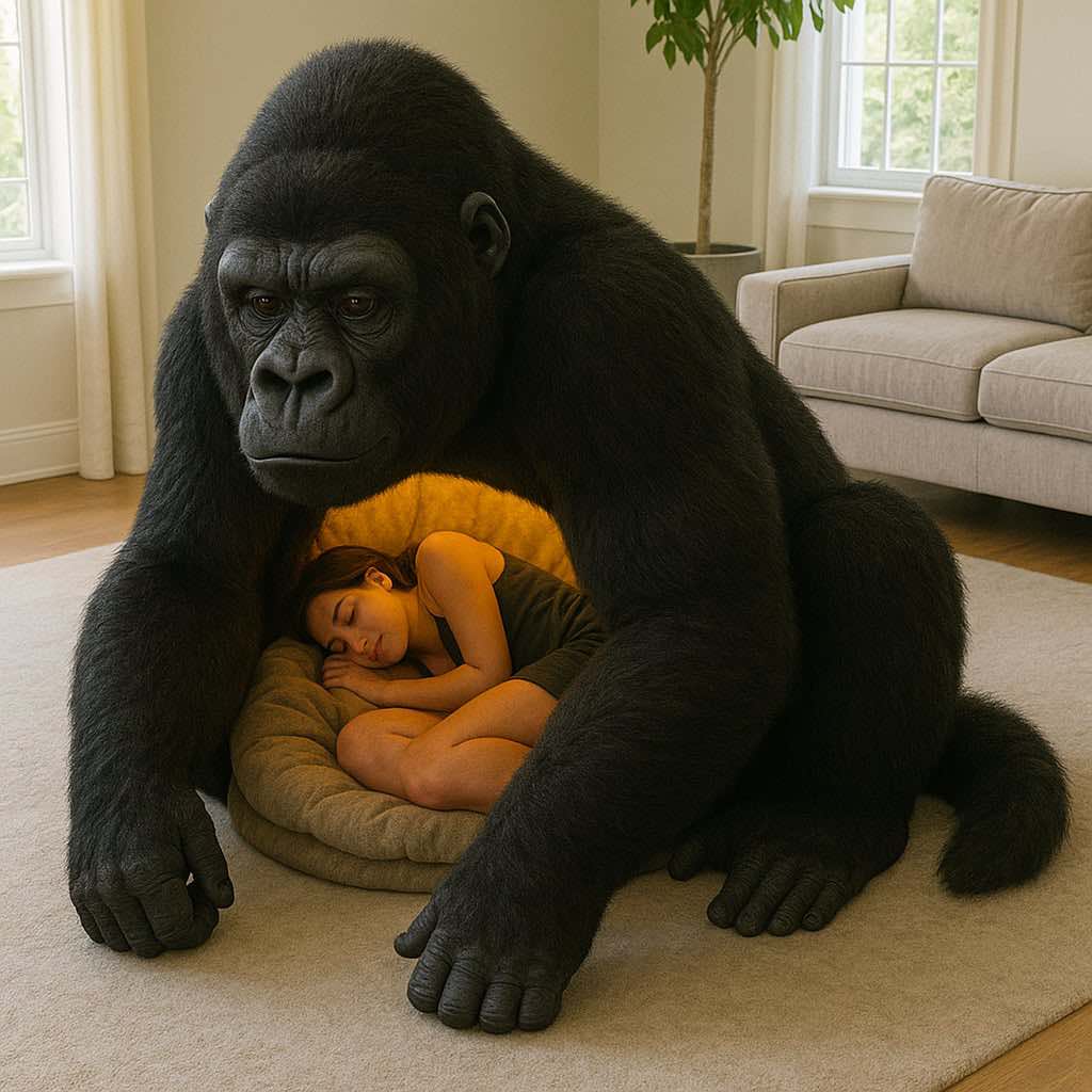 A large gorilla-shaped bed with a warm light inside, where a woman is comfortably sleeping.