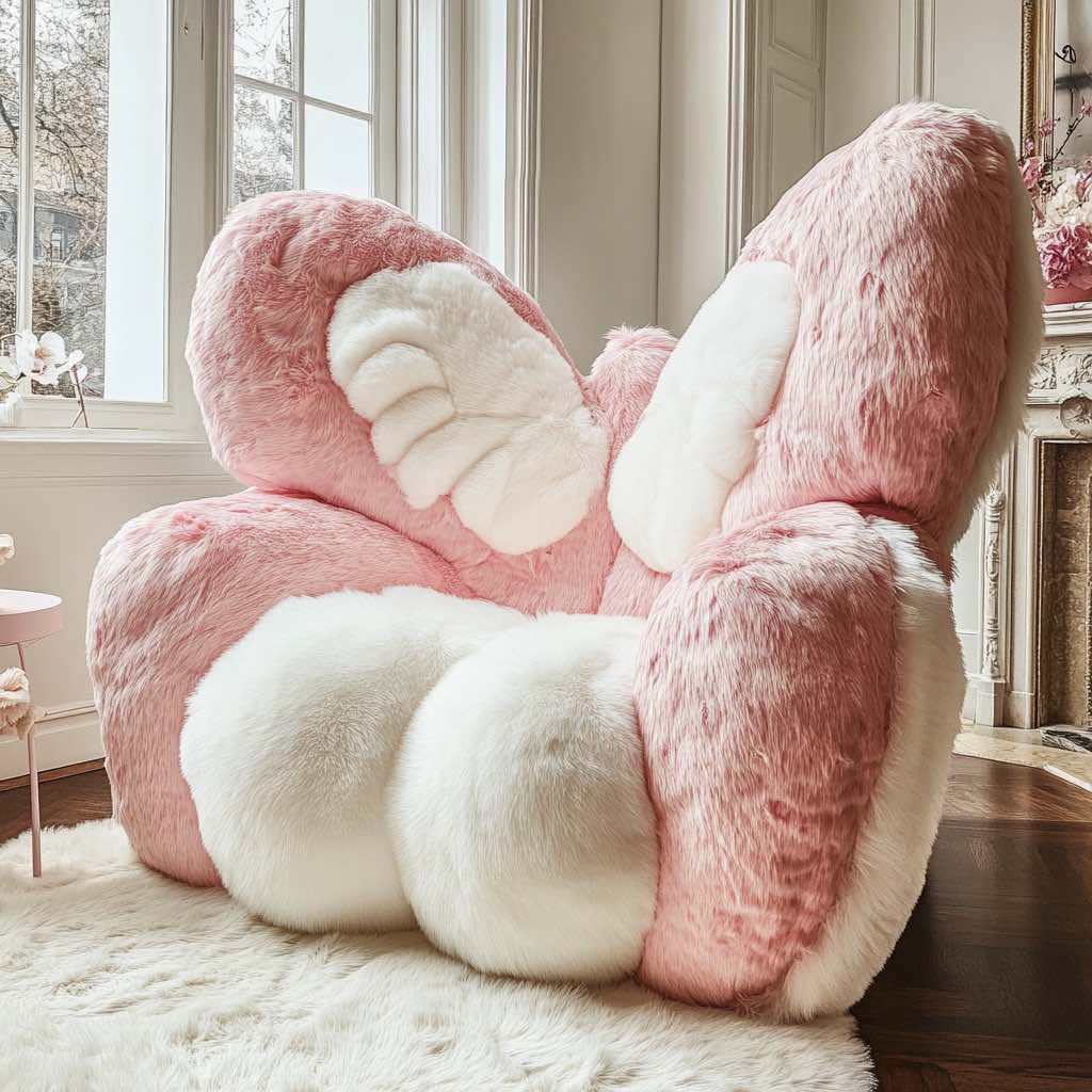 Fluffy pink and white butterfly armchair in an elegant, sunlit room with white trim and wood floors.