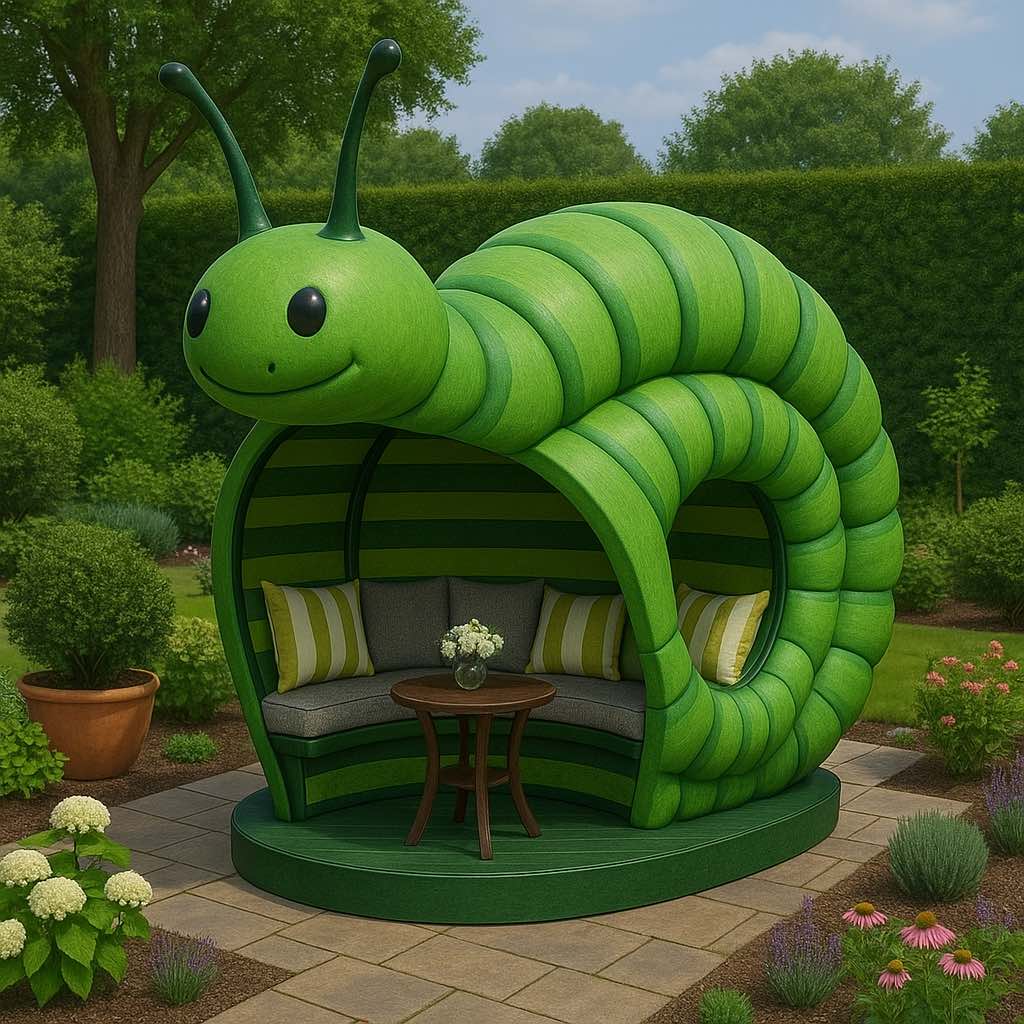 Whimsical green caterpillar garden pod with a curved seat, perfect for children and nature lovers.