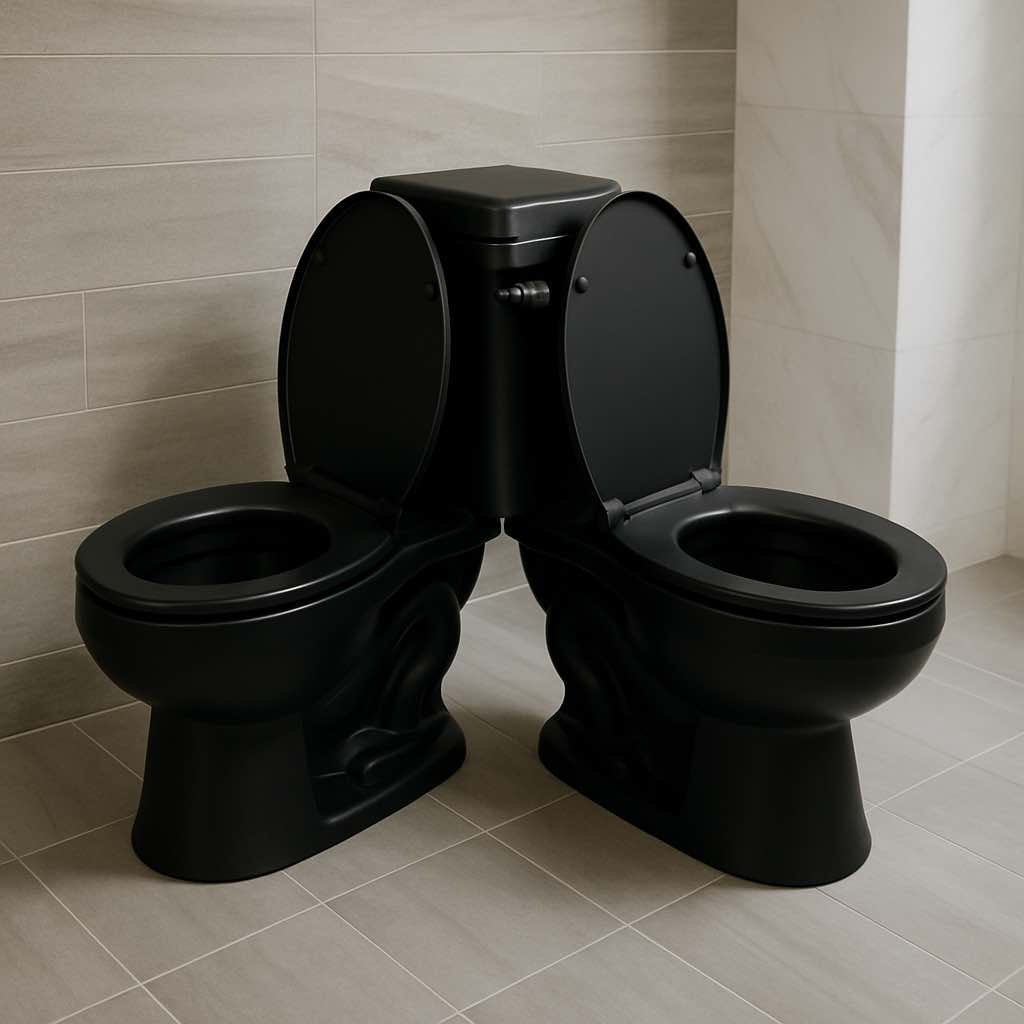 Bold black dual toilet with open seats in a grey tiled contemporary bathroom.