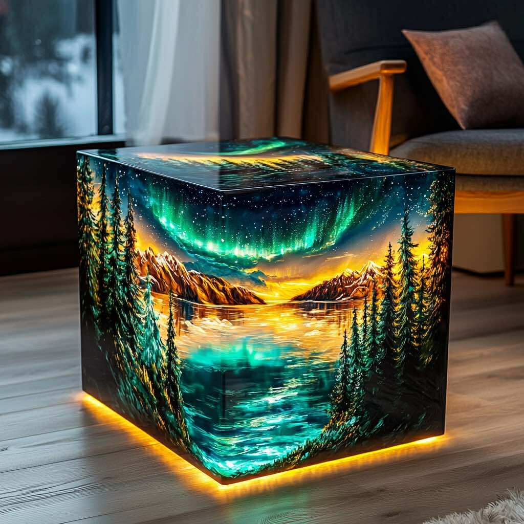 Square-shaped table with LED lighting and a vivid aurora and mountain lake design