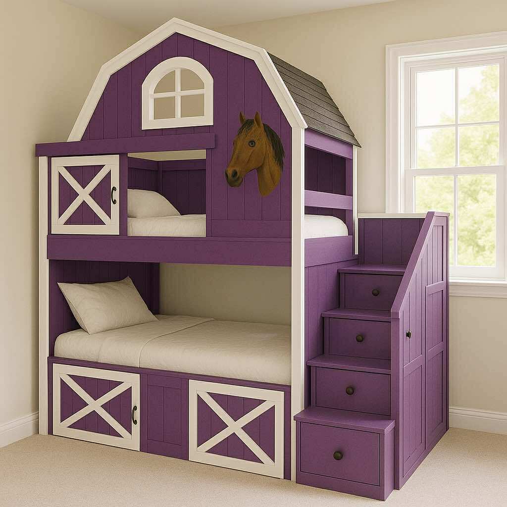 Whimsical purple barn-inspired bunk bed with white accents and stair storage