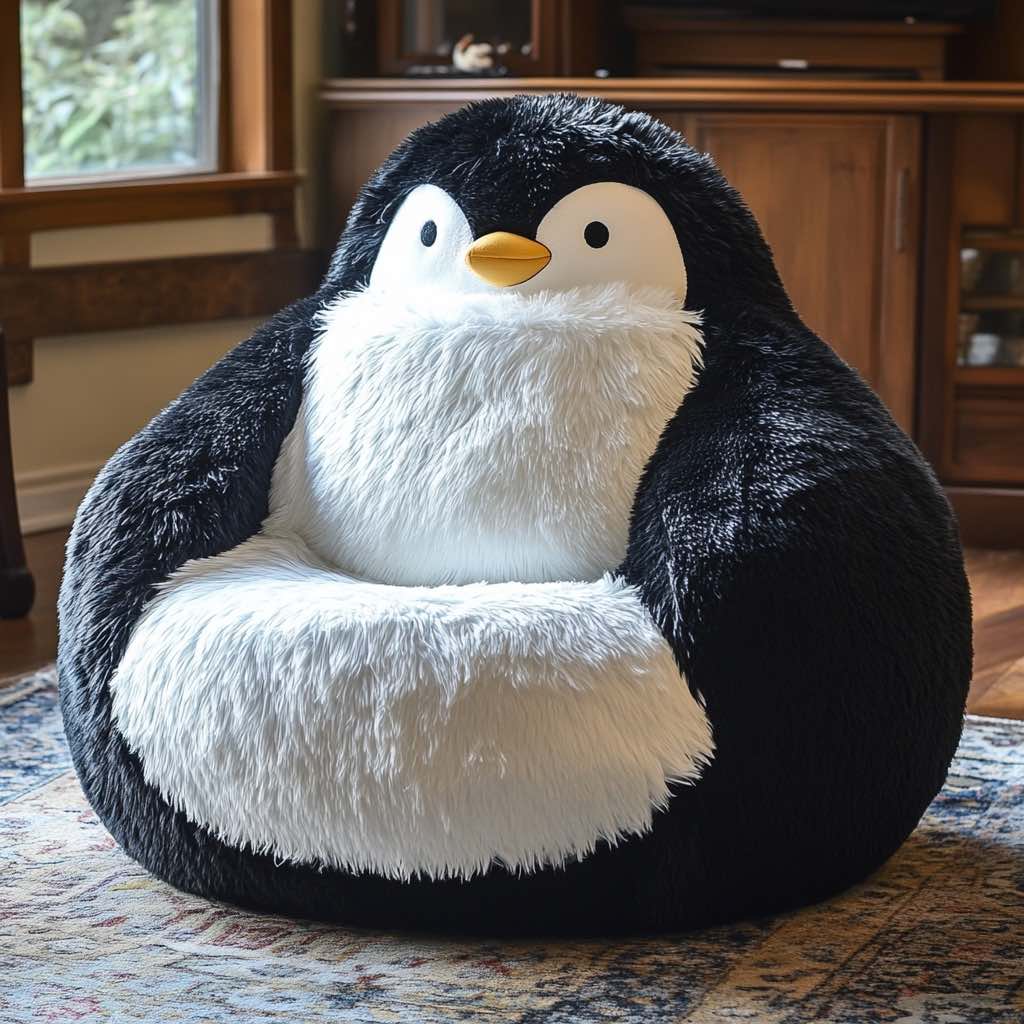 Fluffy black and white oversized penguin lounge chair placed on a patterned rug in a cosy room.
