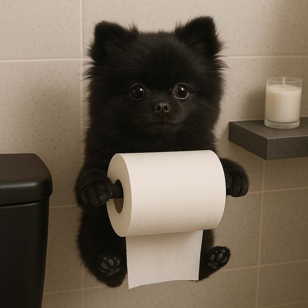 Cute black Pomeranian puppy holding toilet roll on bathroom wall