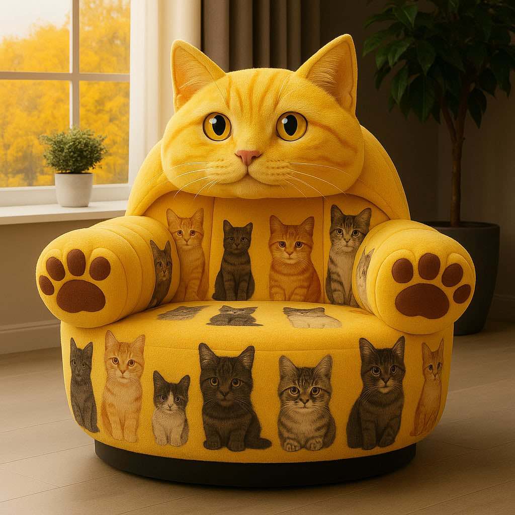 Yellow cat-shaped armchair with cheerful kitten images and large brown paw-shaped armrests