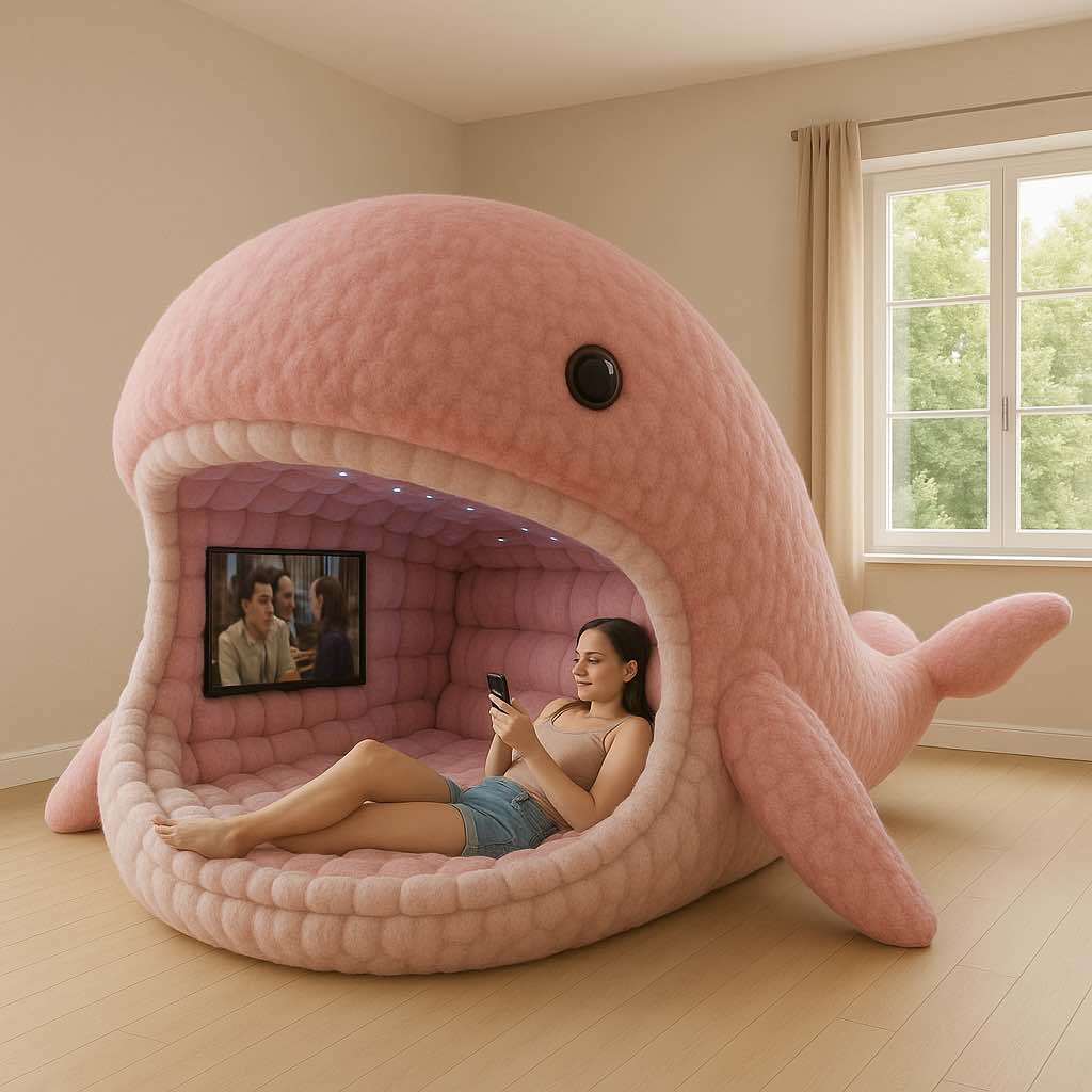 A young woman relaxes with her phone inside a coral pink whale-shaped entertainment pod watching TV.
