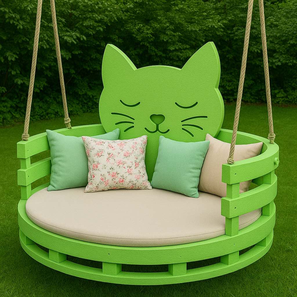 Alt Tag: Bright lime green cat swing chair with green and floral cushions in a garden