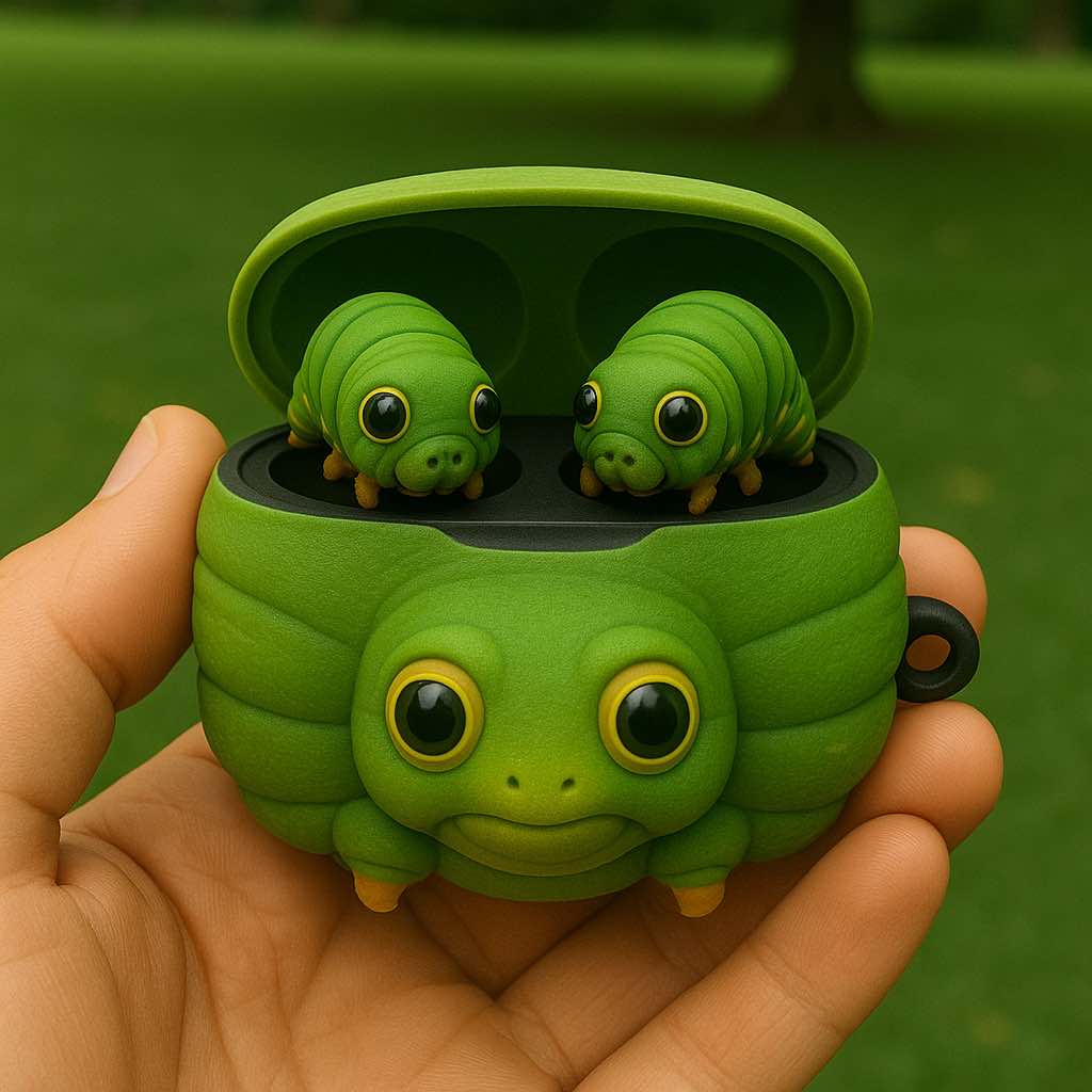 Cute green caterpillar earbuds inside a rounded bug-shaped charging case